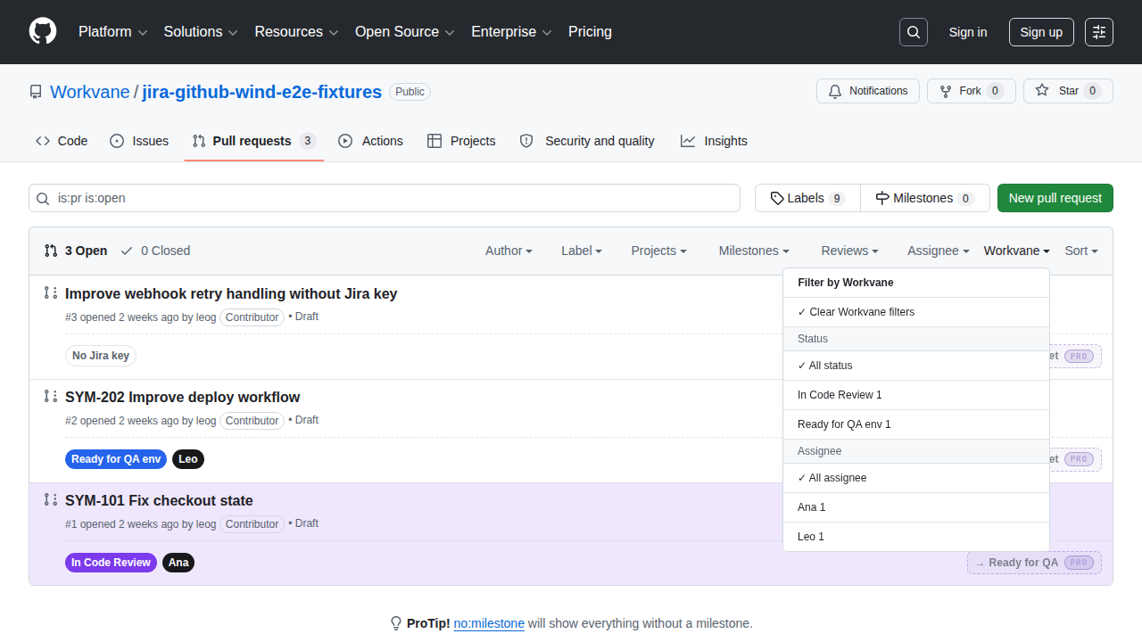Workvane Free tier injecting Jira status and assignee chips into the GitHub pull request list